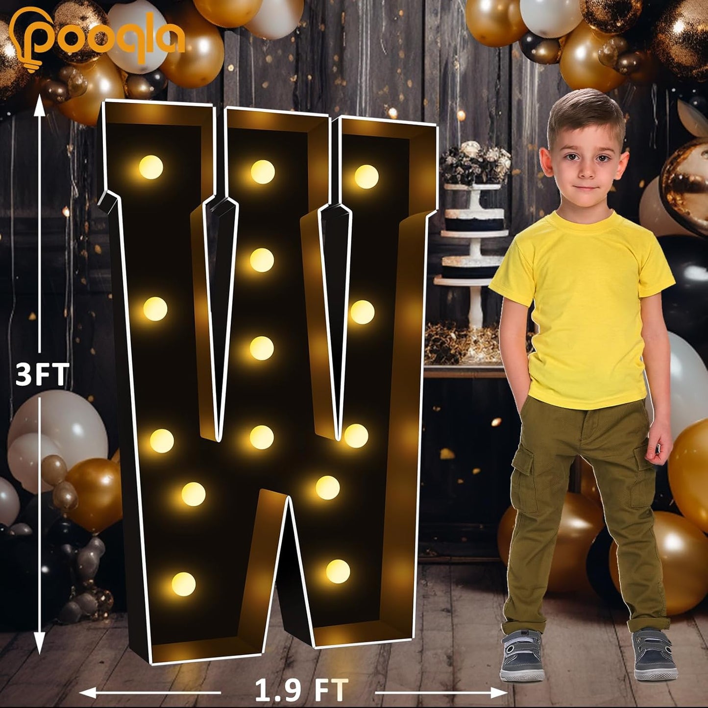 Pooqla 3FT Marquee Light Up Letters, Black LED Party Decor Large Marquee Letters 3 Feet Tall, Giant Mosaic Letter for Birthday Graduation Anniversary Wedding Decoration, Letter W