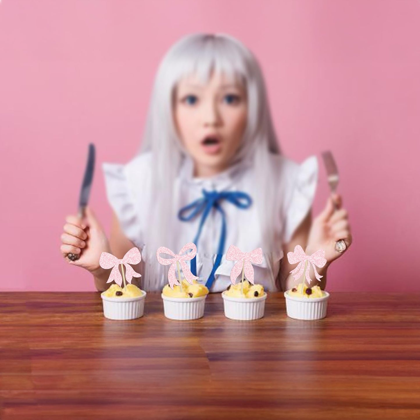 Gyufise 36Pcs Bow Cupcake Toppers Glitter Girls Birthday Decorations Bowknot Cupcake Picks Bow Tie Birthday Decorations Bow Cake Toppers for Bridal Baby Shower Bachelorette Party Supplies Light Pink