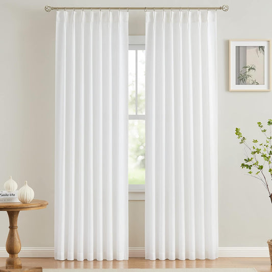 Vision Home White Pinch Pleated Semi Sheer Curtains Textured Light Filtering Window Curtains 95 inch for Living Room Bedroom Rayon Blended Pinch Pleat Drapes with Hooks 2 Panels 40" Wx95 L