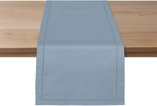Ruvanti Linen Table Runner 108 Inches, Classic Hemstitch, Washable, Reusable, Non-Slipping, Stain Resistant- Perfect for Parties, Weddings, Dinners, Thanksgiving, Christmas, Indoor use – Grey