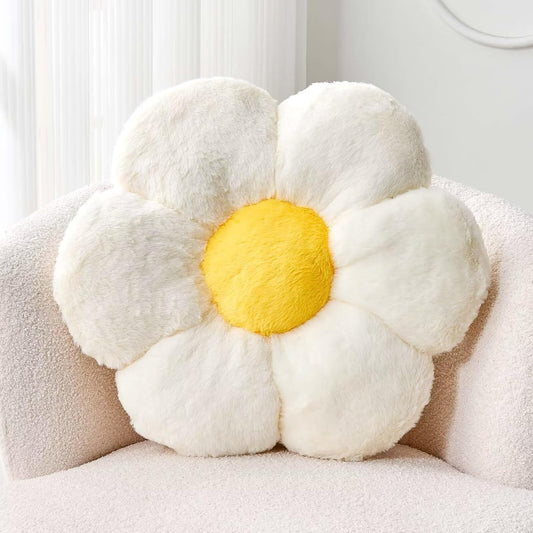 White Flower Plush Throw Pillow, Cute Decorative Flower Shaped with Faux Rabbit Fur, 19.6" Soft Plush Floor Pillow for Bedroom Living Room