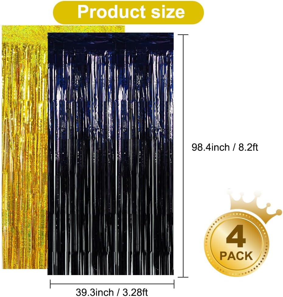 BEISHIDA 4 Pcs Black and Gold Party Streamers Fringe Foil Curtain Backdrop Tinsel Background Party Decoration for Door Wall Graduation Birthday Wedding Anniversary Christmas Party Decoration