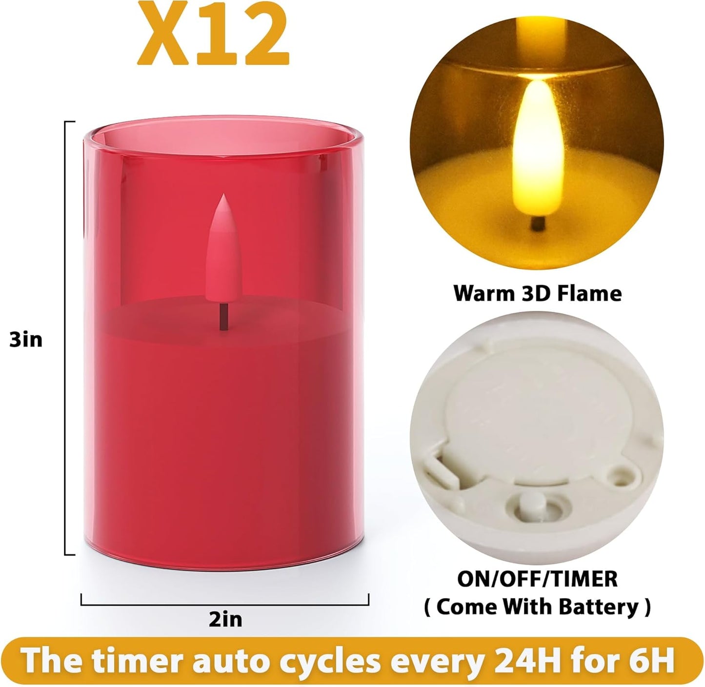 12Pack Flickering Flameless LED Candles with Timer, Battery Powered - Small Pillar & Votive, Red (2"X3")
