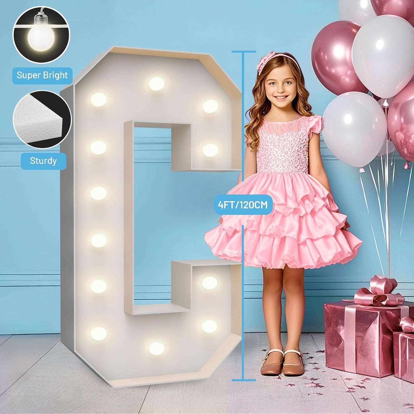 4FT Marquee Light Up Letters C,Party Decoration Large Marquee Light Up Letters with Weighted Water Bag,Pre-cut Foam Board Set Can Be Used for Birthdays,Weddings,Baby Anniversaries