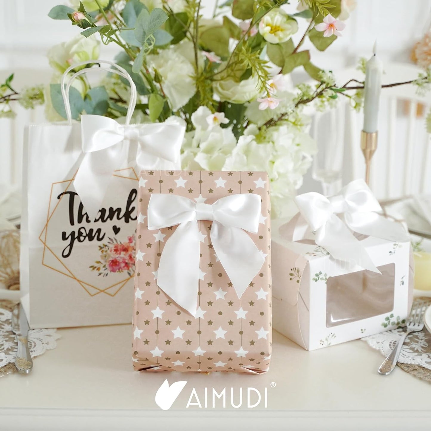 AIMUDI White Satin Bows 5.5" Bows for Gift Wrapping Satin Twist Tie Bows Premade Ribbon Bows for Treat Bags Invitations Baskets Crafts Wreaths Wedding Birthday Baby Shower Party Decorations, 24 PCs