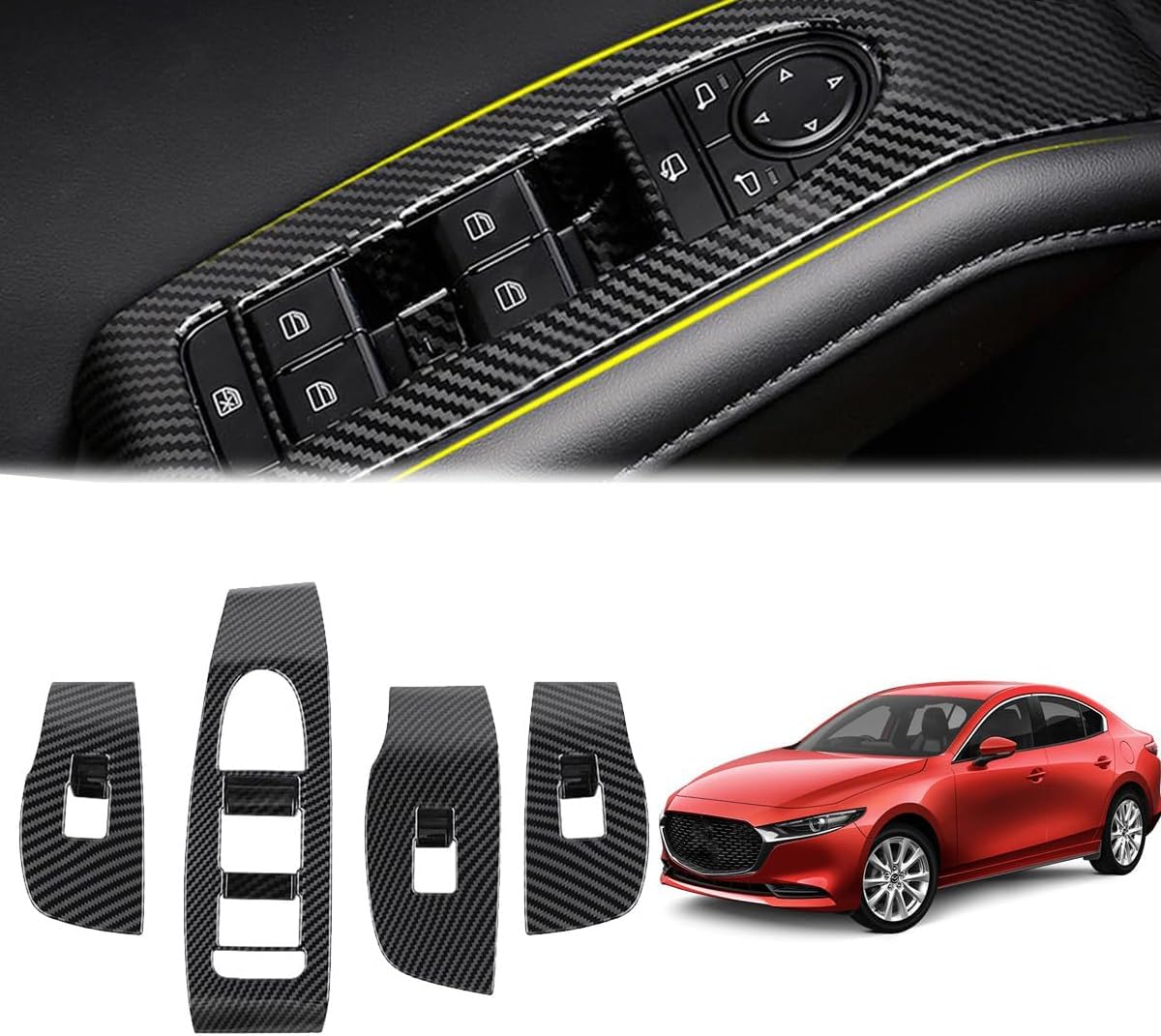 4pcs Carbon Fiber Style Front Rear Doors Window Glass Lift Switch Panel Cover Decorative Sticker Protection Car Interior Accessories for Mazda 3 2020-2025 KT12