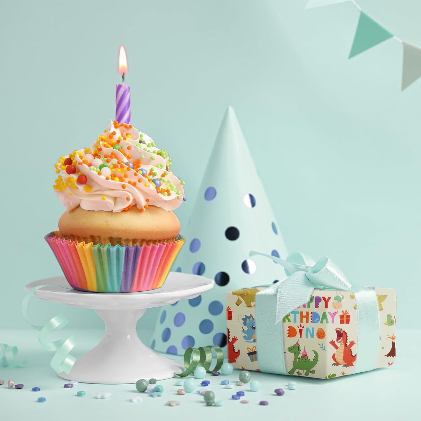 Aimyoo Dinosaur Birthday Wrapping Paper Roll - 17 Inch X 16.4 Feet - Green Happy Birthday Dino Pattern Gift Wrap Paper for Boys Party, Baby Shower, Holiday