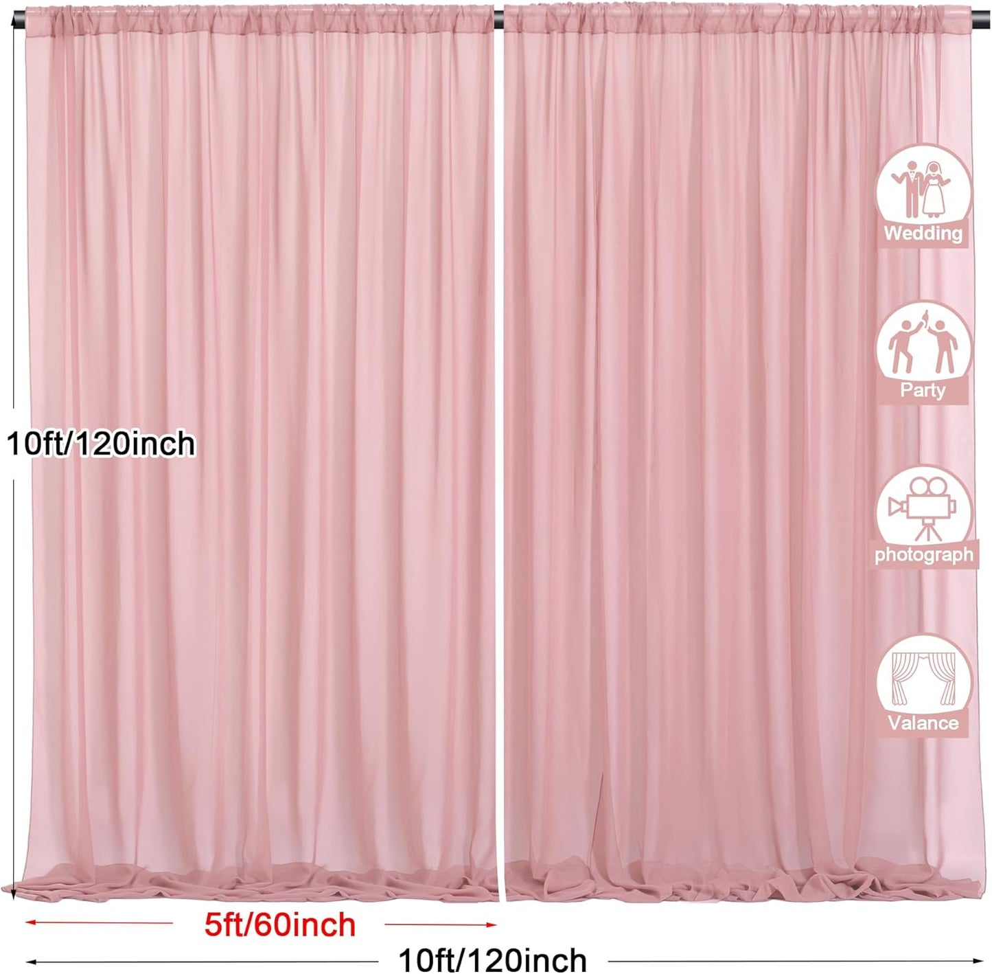 PARTISKY 10ftx10ft Dusty Rose Chiffon Sheer Backdrop Curtains, Wrinkle-Free Wedding Backdrop Drapes for Birthday Party Ceremony Arch Stage Decor Background for Photography 5ft x 10ft,2 Panels