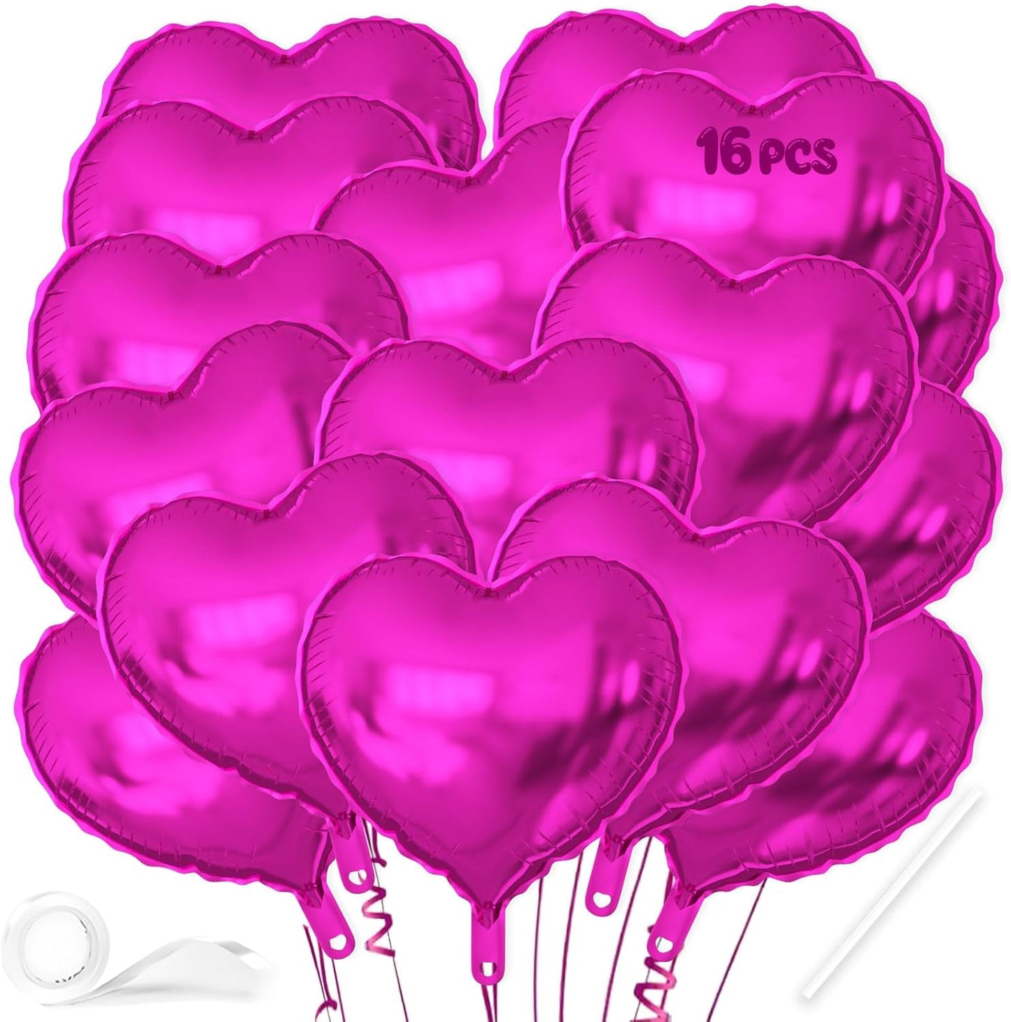 16 Pcs Heart Balloons, 18 Inch Hot Pink Love Heart Shaped Foil Balloons for Wedding Anniversary Birthday Party Valentine Decorations Baby Shower Bridal Shower Engagement Decorations Supplies