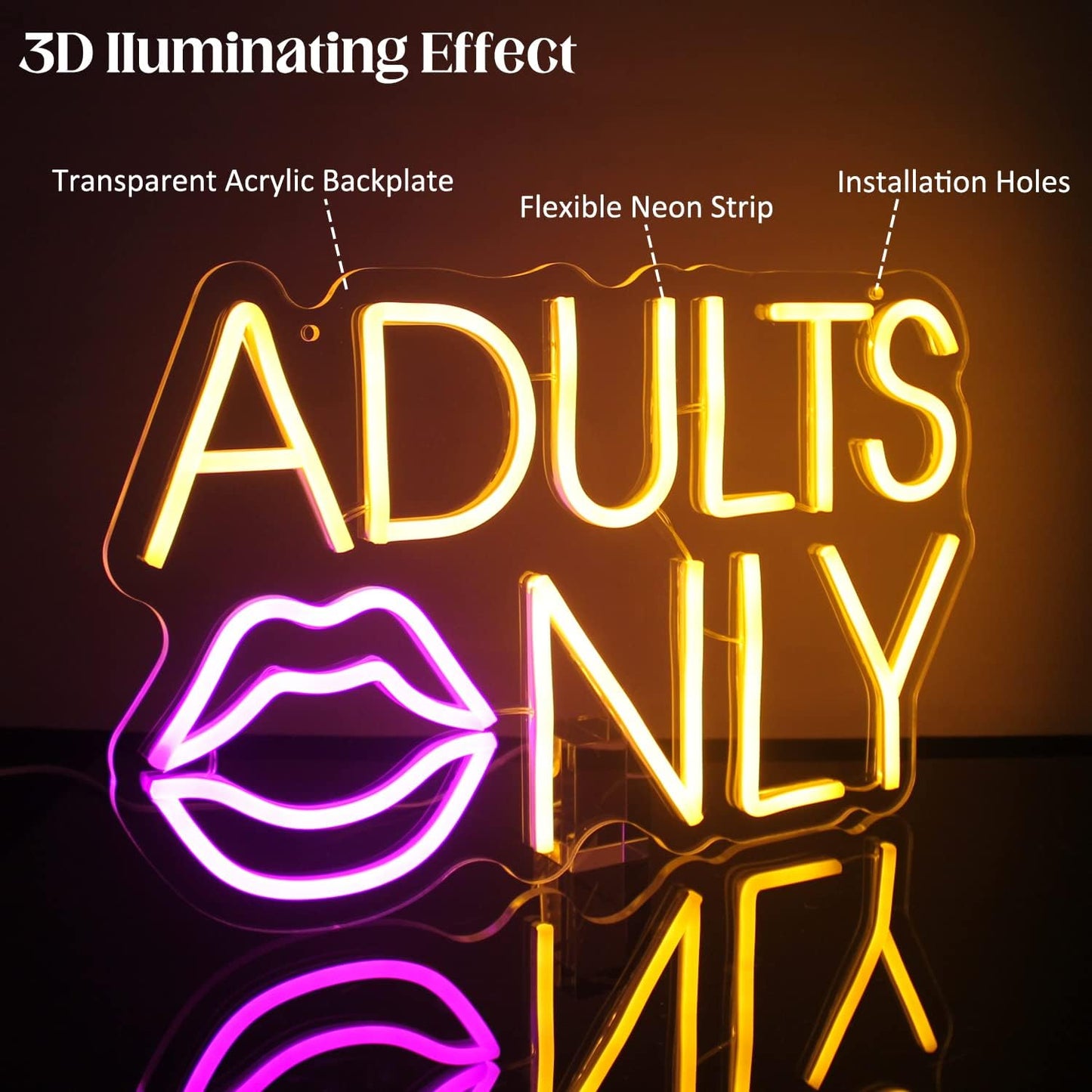 Adults Only Neon Sign Pink Lip LED Neon Lights Signs Sexy Neon Light Neon Bar Sign Orange Letter Neon Wall Sign Neon Signs for Bedroom Bar Man Cave Hotel Party Wall Decor USB with Switch