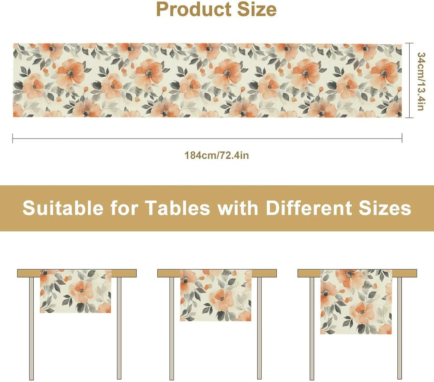 Floral Fall Table Runner, Rustic Watercolor Orange Flowers Seasonal Summer Autumn Table Runner for Kitchen Dinning Table Runner Decor Home Wedding Party Holiday, 13x108 Inch
