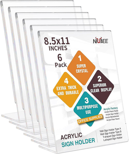 NIUBEE 6Pack 8.5x11 Acrylic Sign Holder with Vertical Slanted Back, Clear Plastic Sign Stand Frames, Flyer Document Paper Display Stand for Office Desktop