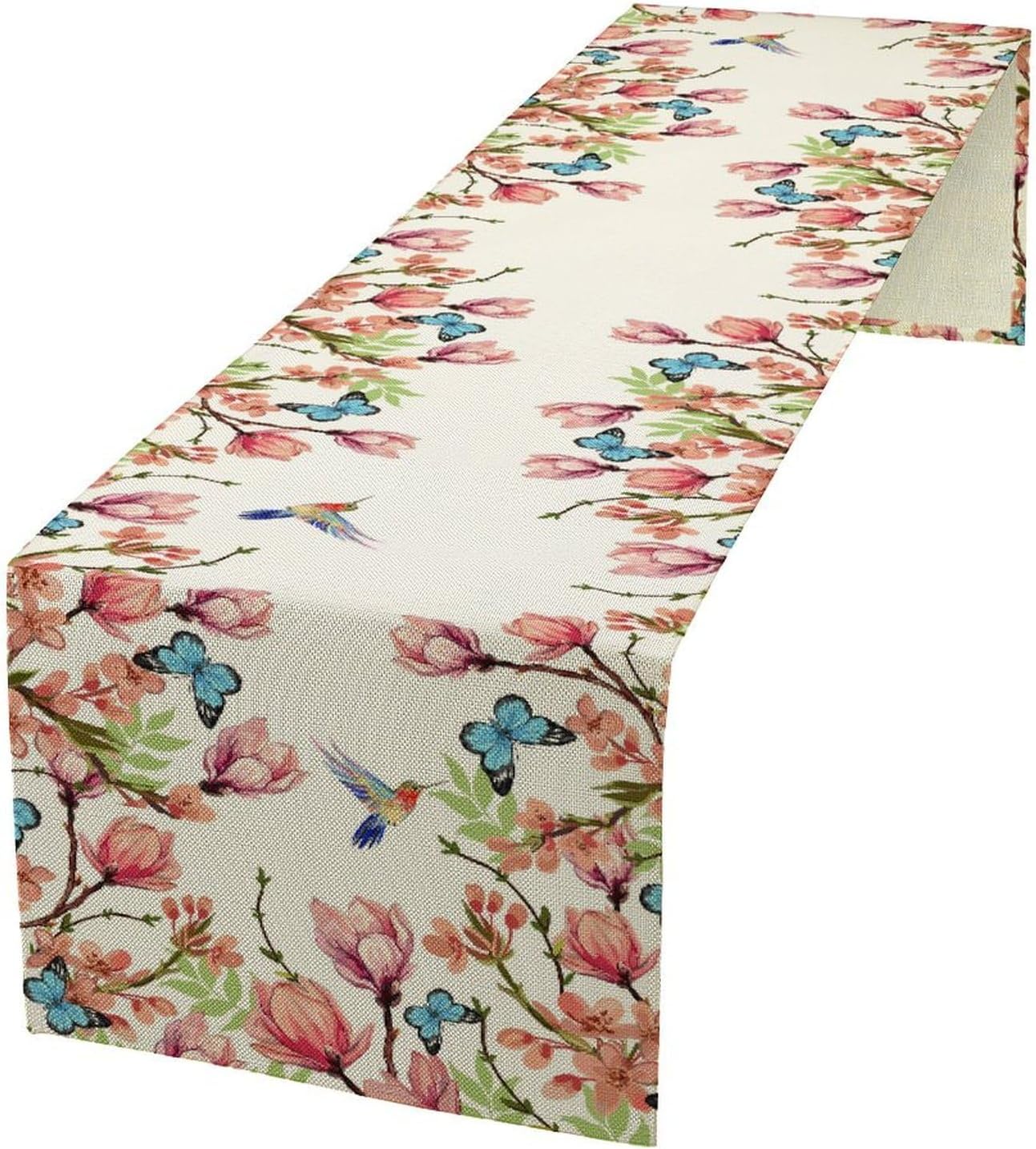 Flowers Table Runner,Floral Bird Butterfly Spring Table Cloth Kitchen Dining Table Home Party Decoration 13x108 Inch