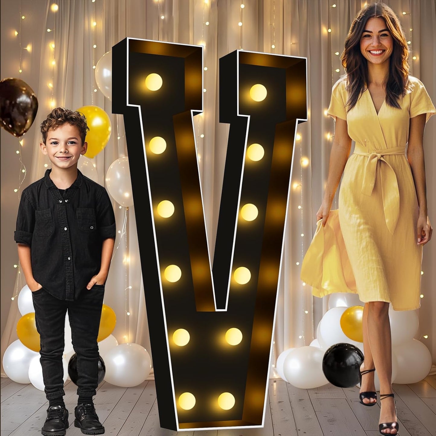 Pooqla 4 FT Marquee Light Up Letters, Black Marquee Letter Lights 4 Feet Tall for Birthday Decoration, Big Mosaic Letters Sign for Balloons Party Anniversary Wedding Decorations, Giant Warm White V