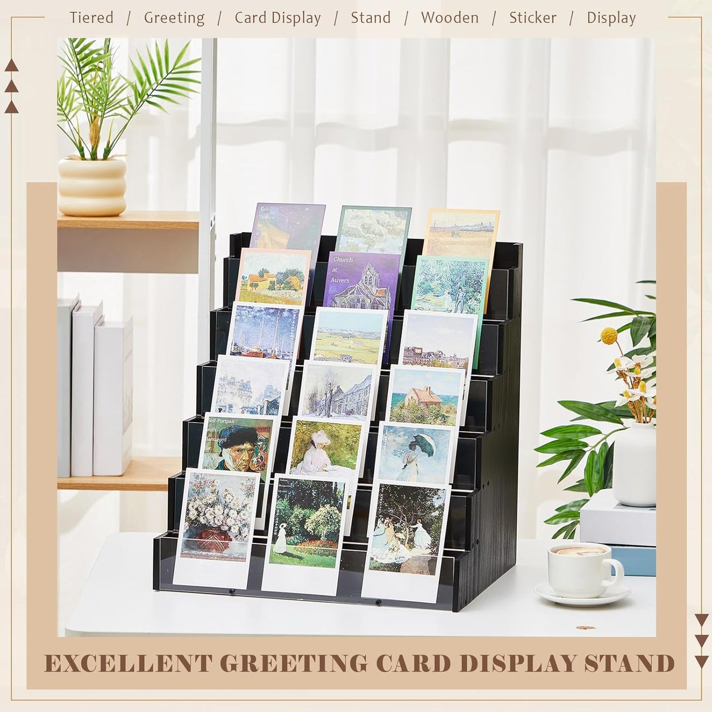 6 Tier Greeting Card Display Stand Black Bamboo and Acrylic Sticker Display Stand Trading Card Holder Retail Photos Shelf for Vendors Craft Collection & Show