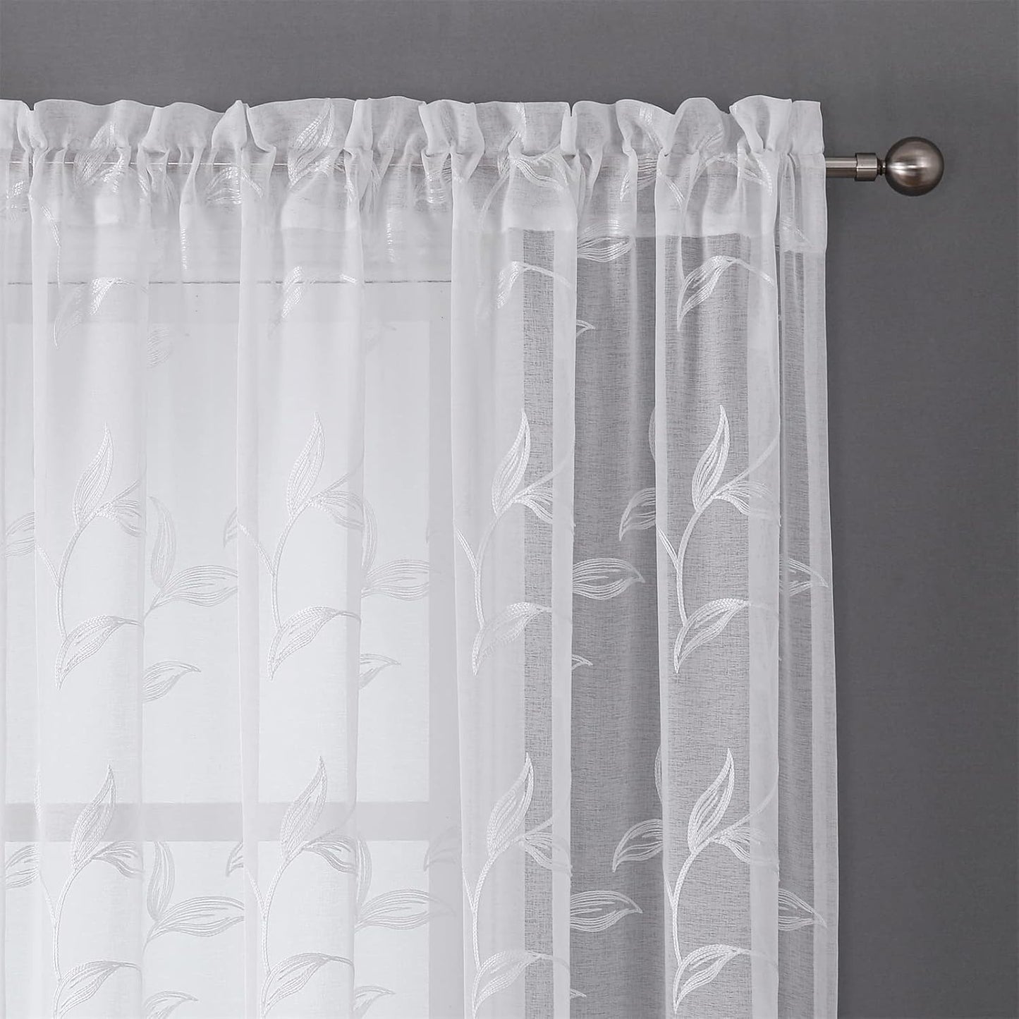 VISIONTEX White Sheer Voile Curtains, Decorative White Embroidery Faux Linen Rod Pocket Window Drapes for Home Kitchen, Living Room and Bedroom 54 x 63 Inch, Set of 2 Curtain Panels