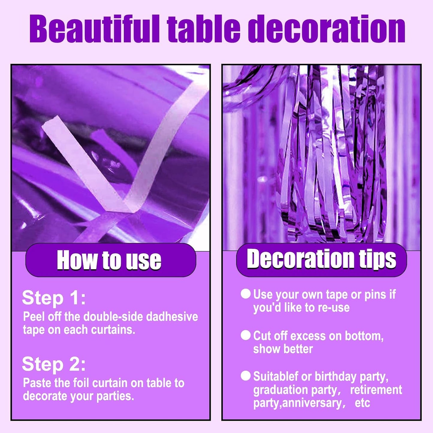 3 Pack 29 x108 Inch Purple Foil Fringe Table Skirts Metallic Banner for Tinsel Streamer Garland Backdrop for Parade Floats Wedding Thanksgiving Birthday Christmas Halloween New Year Party Decoration