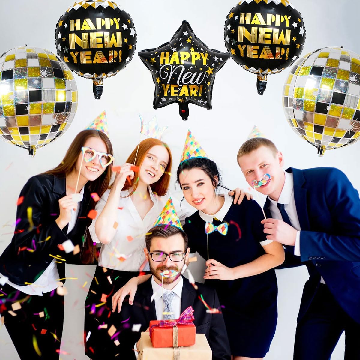 Happy New Year Balloons, 8pcs (2x22" Disco, 2x18" Round, 2x18" Star) - Black & Gold, Reusable, Self-Sealing Foil Balloons for New Year Party Decorations, Adults & Unisex