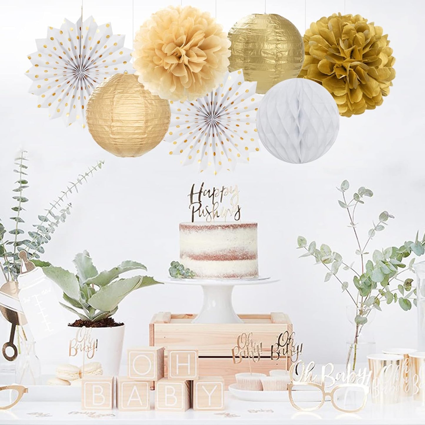 White Gold Party Decorations Streamers - 14pcs Christmas Wedding Engagement Paper Lanterns Fan,Tissue Pom Poms,Honeycomb Balls,Bachelorette Neutral Birthday Baby Bridal Shower Decor Lasting Surprise