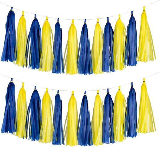 Aimto 20pcs Blue and Yellow Shiny Tassel Garland Banner Tissue Paper Tassels for Party Decorations