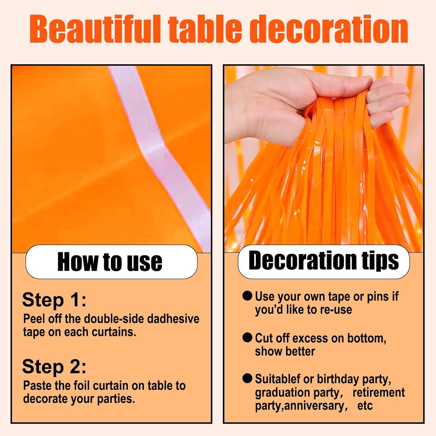 3 Pack 29 x108 Inch Macaron Orange Foil Fringe Table Skirts Metallic Banner for Tinsel Streamer Garland Backdrop for Parade Floats Wedding Thanksgiving Birthday Christmas New Year Party Decoration