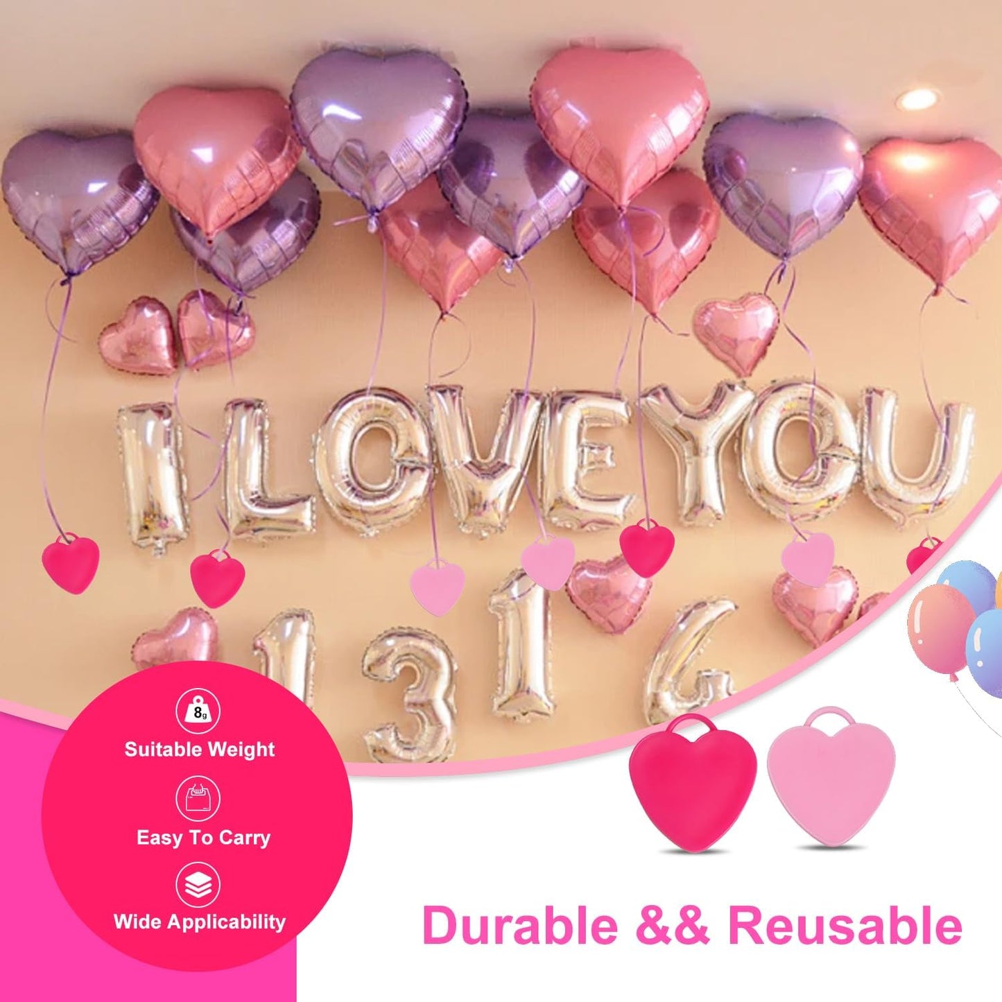 40PCS Balloon Weights Plastic Heart Shaped Balloon Pendants Wedding Birthday Party Balloons Accessories For Helium Balloon Decoration(RoseRed & Pink)