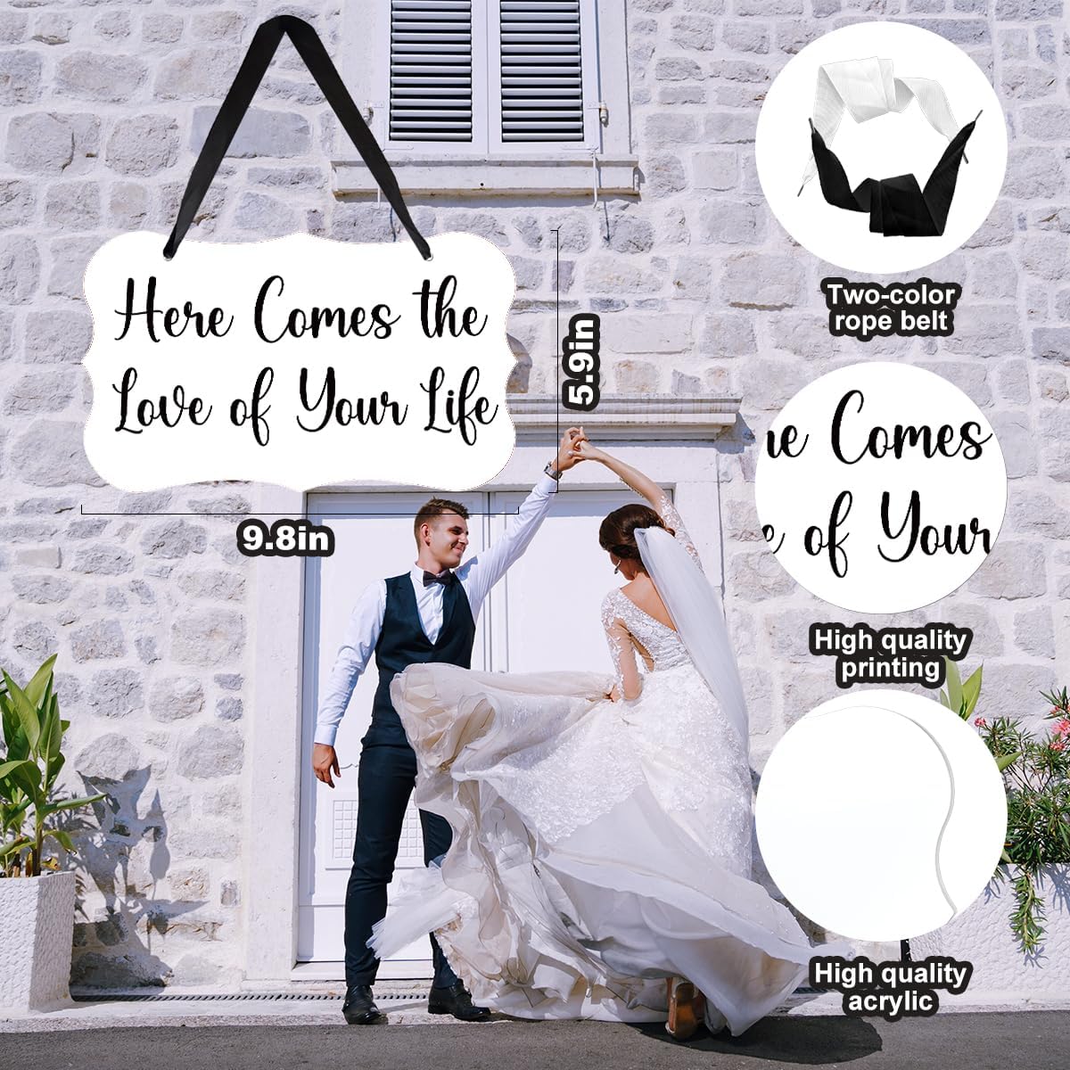 Acrylic Wedding Sign, Ring Bearer Sign, for Rustic Wedding Decor Signs, Acrylic Wall Art With Ribbon for Chairs Weddings Reception Decor and Event Party - Here Comes The Love of Your Life (White)