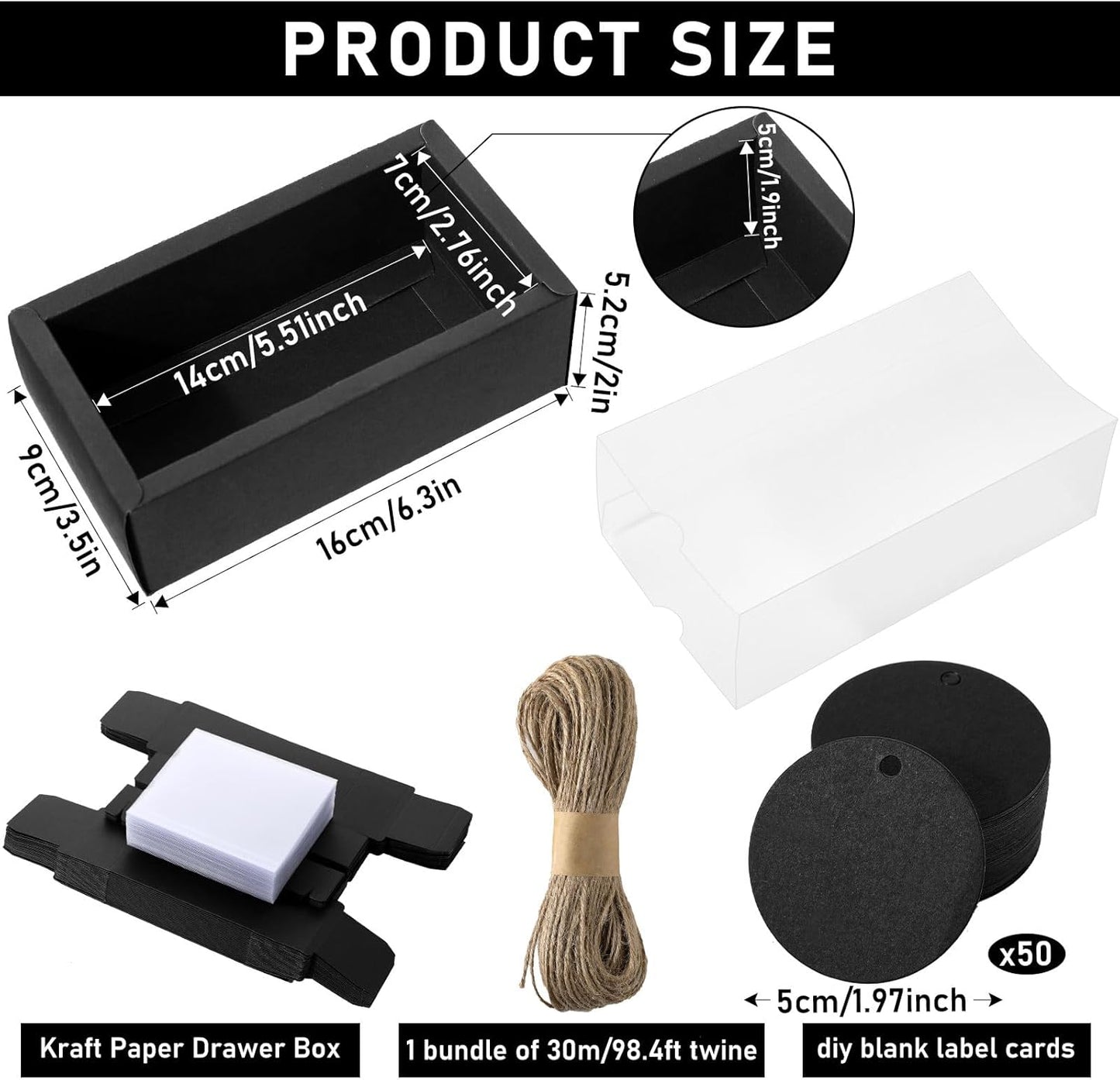 Roowest 50 Sets Kraft Gift Boxes Rectangle Kraft Paper Drawer Box with Window Homemade Soap Box with Blank Tags and Jute String for Jewelry Candy Wrapping Party Favor(Black, 6.3 x 3.5 x 2 Inch)