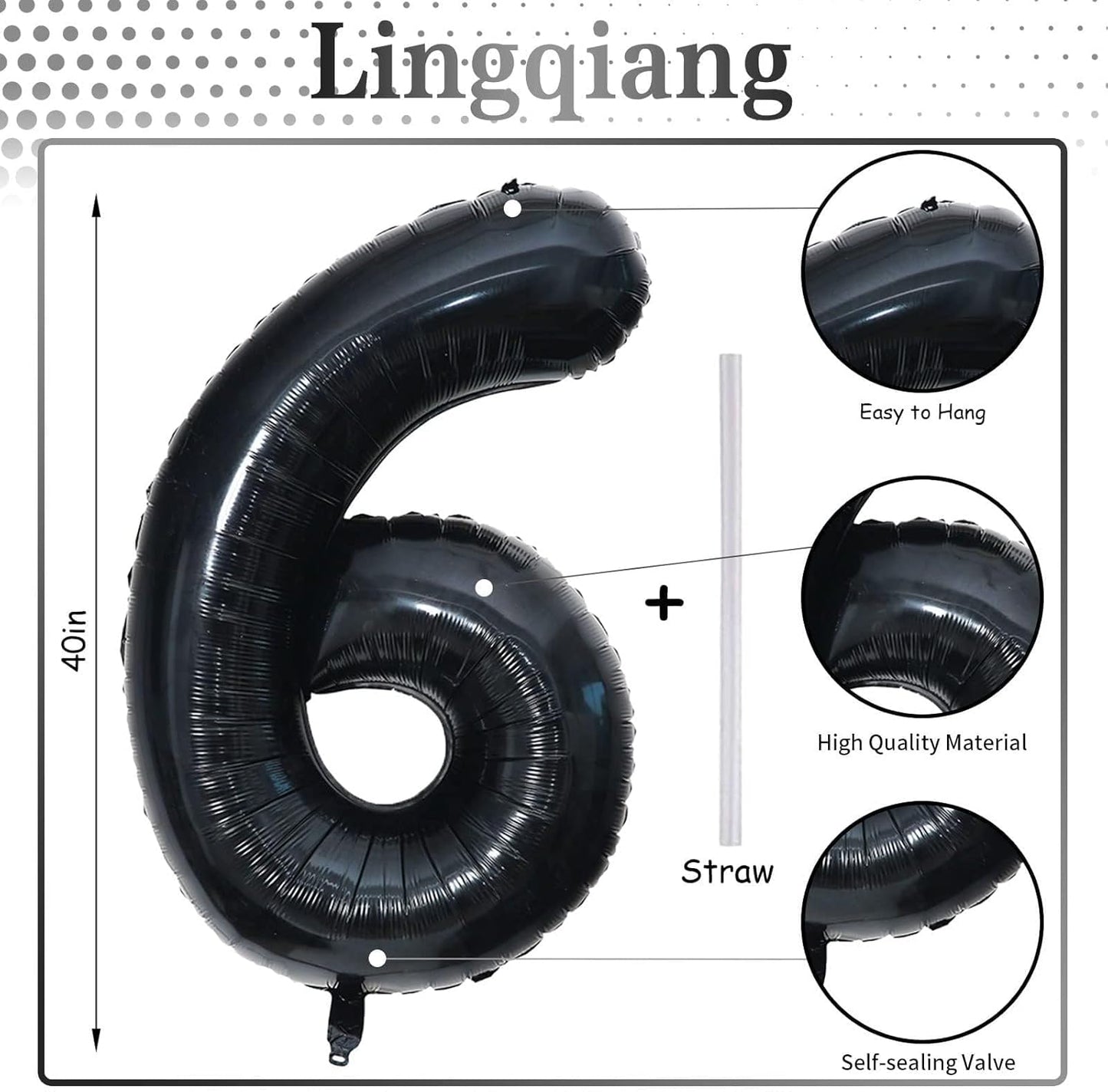 Black Balloon Number 6, 40 Inch Large Self Inflating Foil Number Balloons 0-9, Giant 6 Digital Helium Balloon for 6th 16th Kids Boys 60th Men Birthday Party Anniversary Celebration Decorations