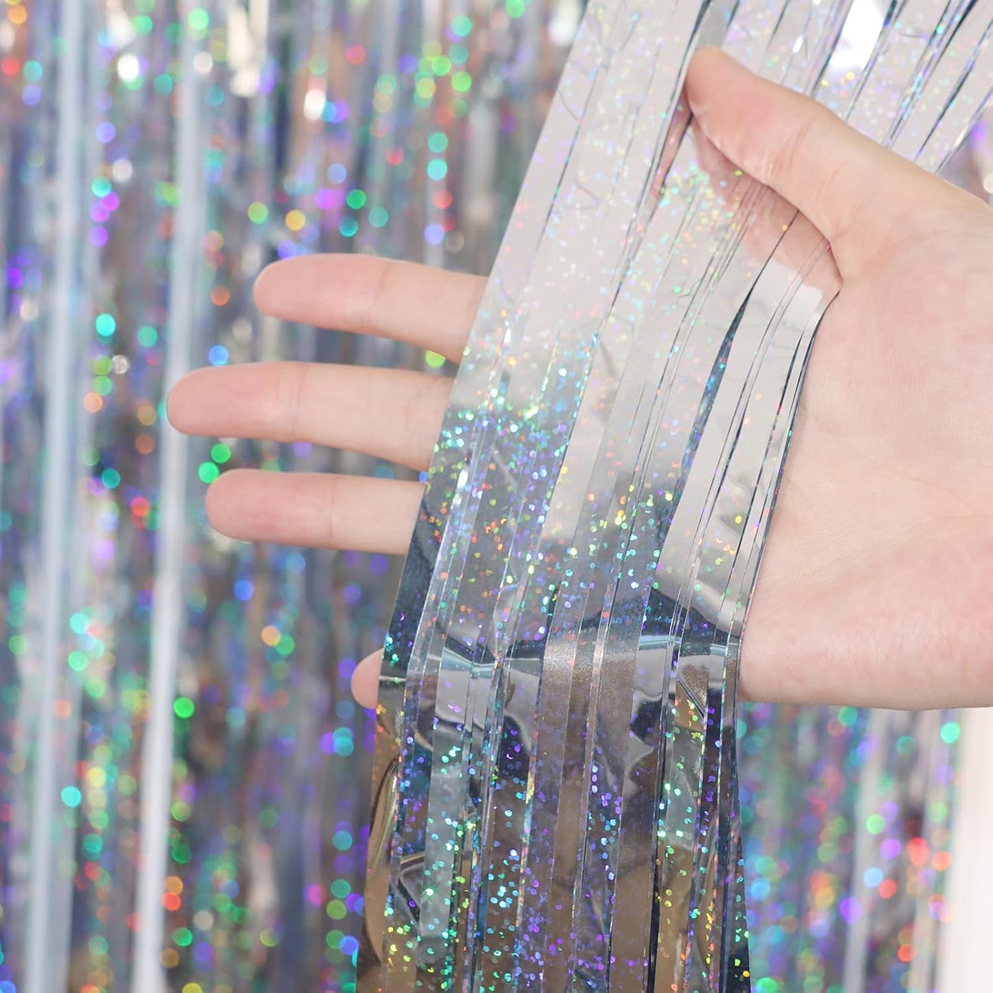 2 Pack Laser Silver Tinsel Foil Fringe Curtains, Silver Party Decorations, Metallic Tinsel Party Streamers Backdrop for New Years Birthday Halloween Wedding Party Decorations