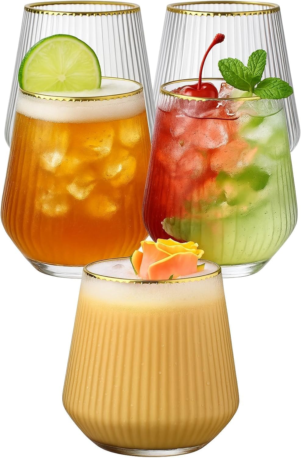 40 count origami ripple Unbreakable Stemless Plastic Wine Champagne Whiskey Glasses Elegant Durable Disposable Indoor Outdoor Ideal for Home, Office, Bars, Wedding, Ribbed 14 Ounce Cups (40, Gold Rim)