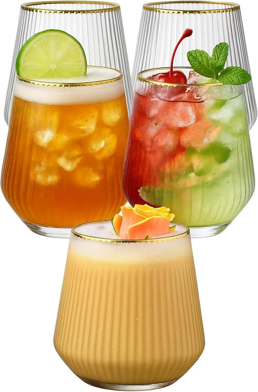 40 count origami ripple Unbreakable Stemless Plastic Wine Champagne Whiskey Glasses Elegant Durable Disposable Indoor Outdoor Ideal for Home, Office, Bars, Wedding, Ribbed 14 Ounce Cups (40, Gold Rim)