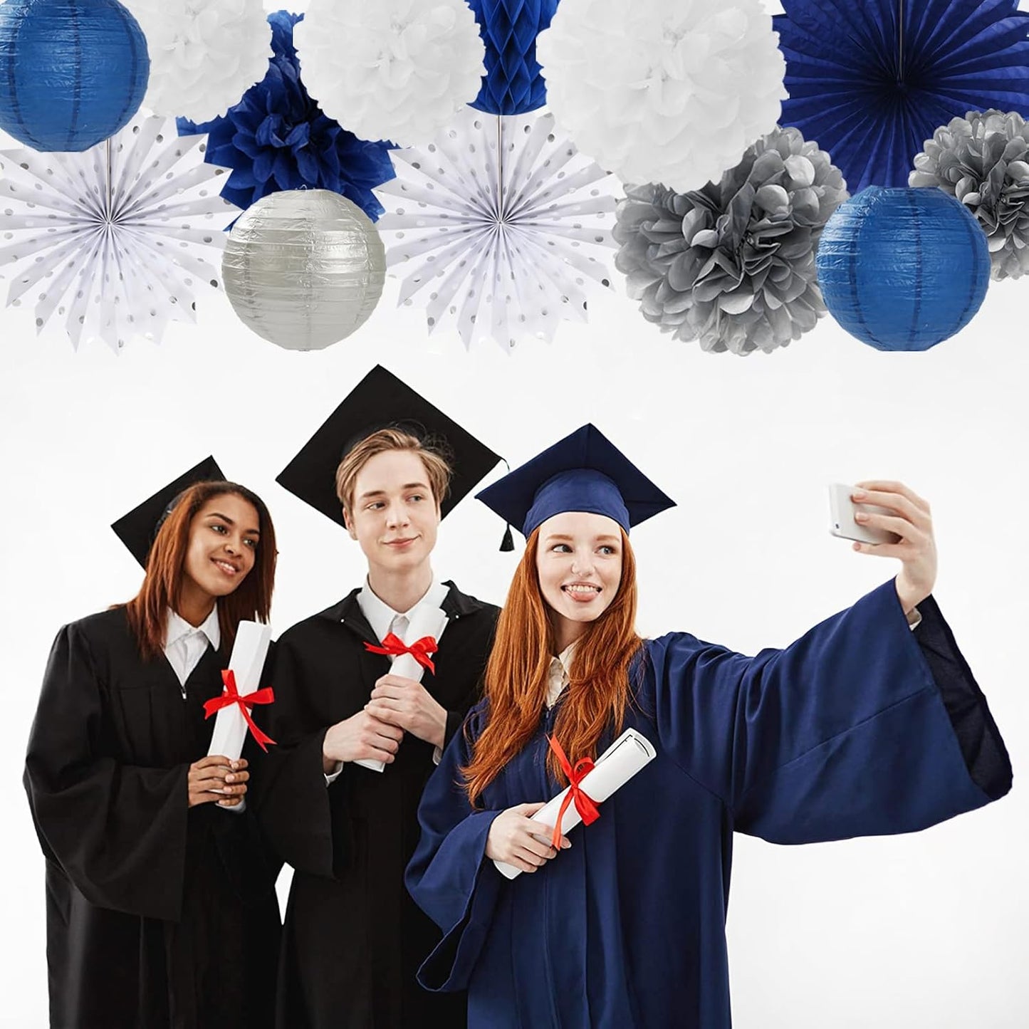 Navy-Blue White Silver Party-Decorations - 20pcs Graduation Paper Lanterns Fans,Tissue Pom Poms,Honeycomb Balls,Bunting,Birthday Bridal Bachelorette Christmas Baby Shower Wedding Decor Burgleda