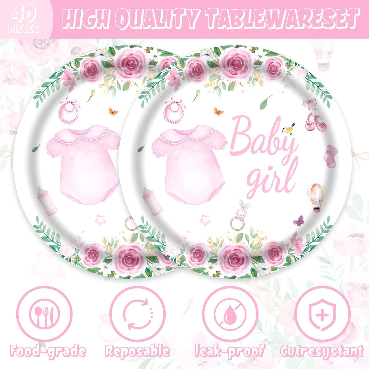 40pcs Pink Floral Baby Shower Decorations Girl Gender Reveal Supplies,Spring Rose Pink Baby Shower Plates and Napkins,Suitable for 20 Guests