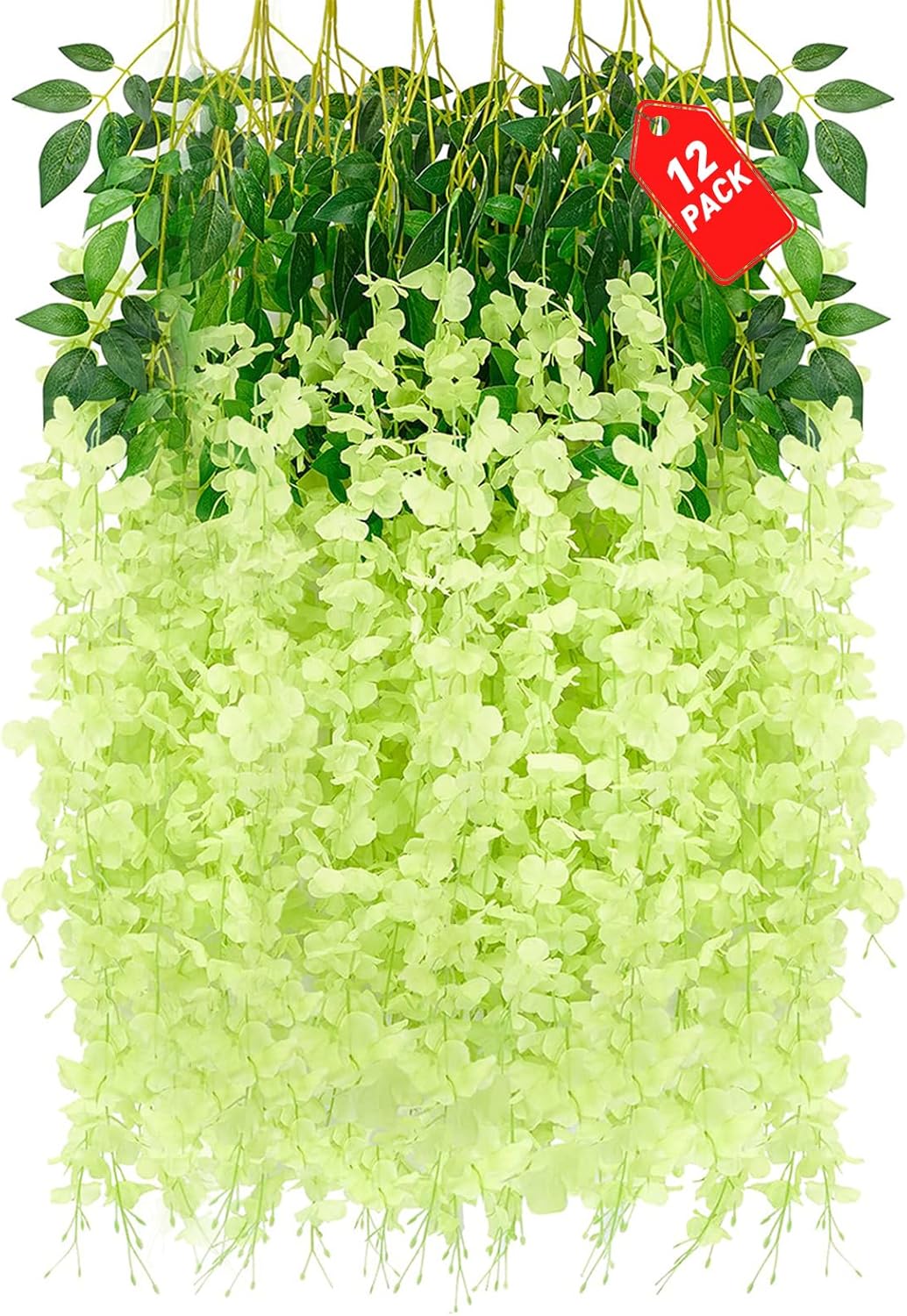 12 Pack Green Wisteria Hanging Flowers, 3.44 Ft Fake Hanging Flowers, Artificial Wisteria Garland Vines for Wedding Room Backdrop Outdoor Patio Garden Decoration