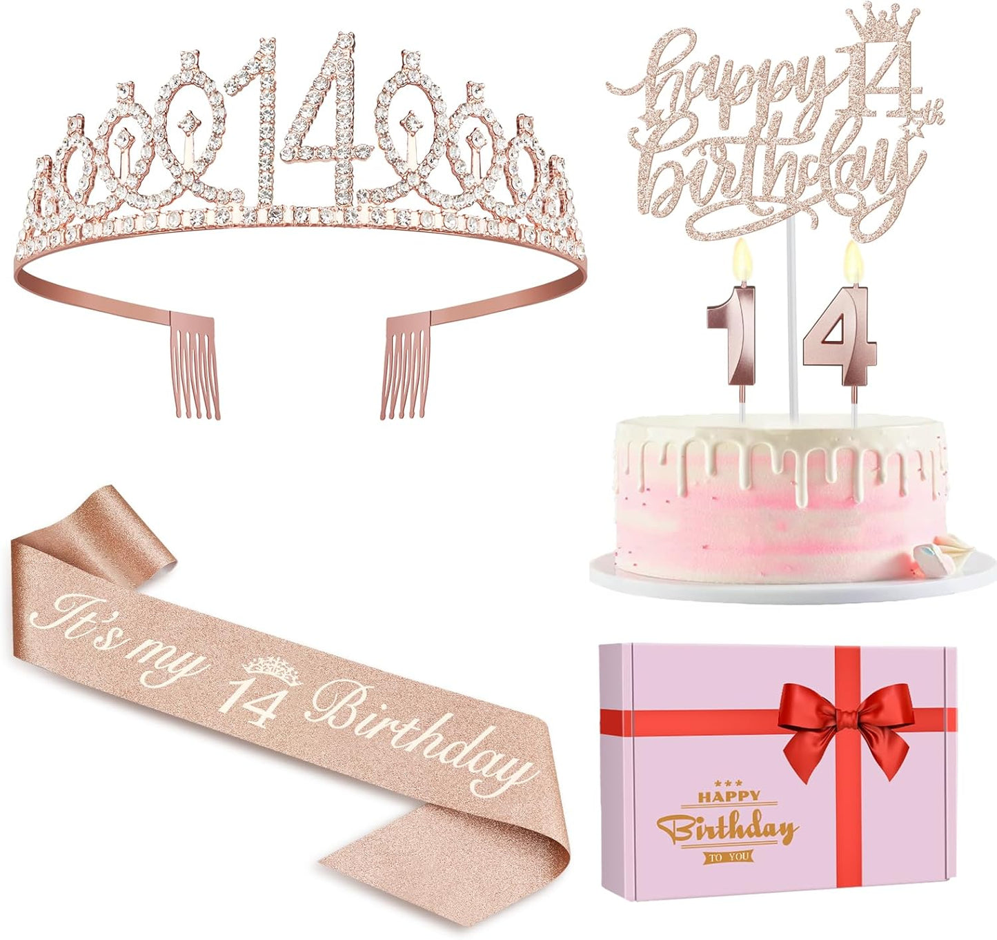 14th Birthday Decorations for Girls Including Birthday Sash and Tiara, Candles and Cake Topper, 14 Year Old Girl Decorations Gifts