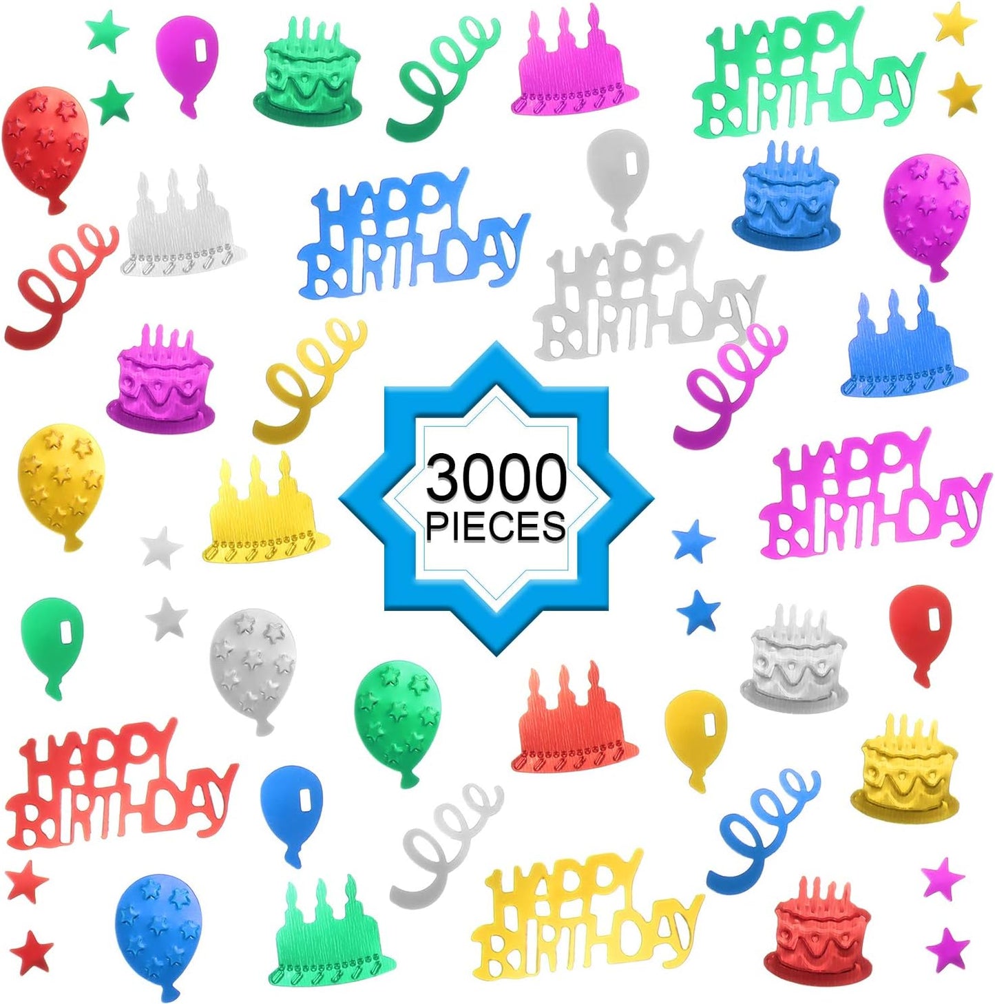 WILLBOND 3000 Pieces Happy Birthday Confetti Birthday Party Cake Confetti Metallic Foil Balloon Table Scatter Decorations for Carnival Baby Shower DIY Arts and Crafting