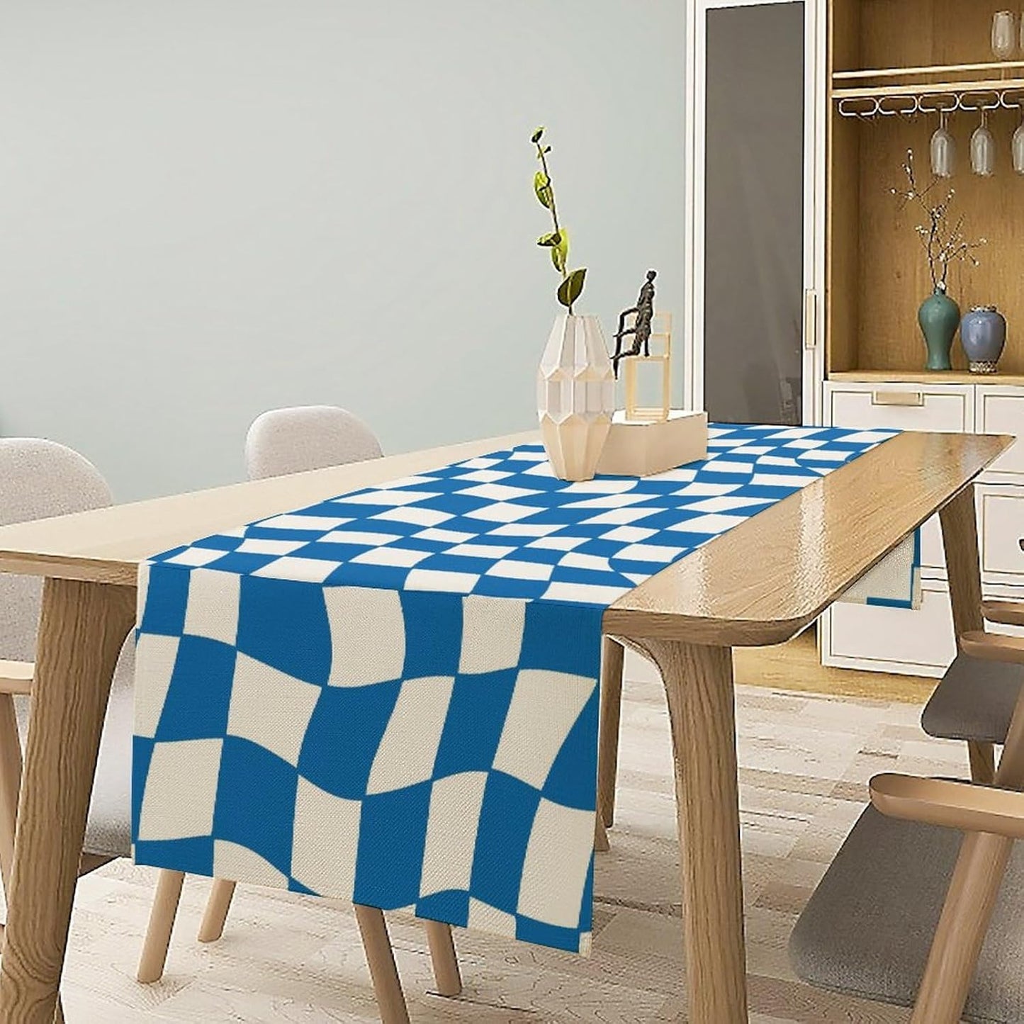 Table Flag Retro Plaid 60s70s Blue Plaid Table Flag Kitchen Restaurant Decoration Suitable for Indoor and Outdoor Festival Home Wedding Party Table Flag 13x90