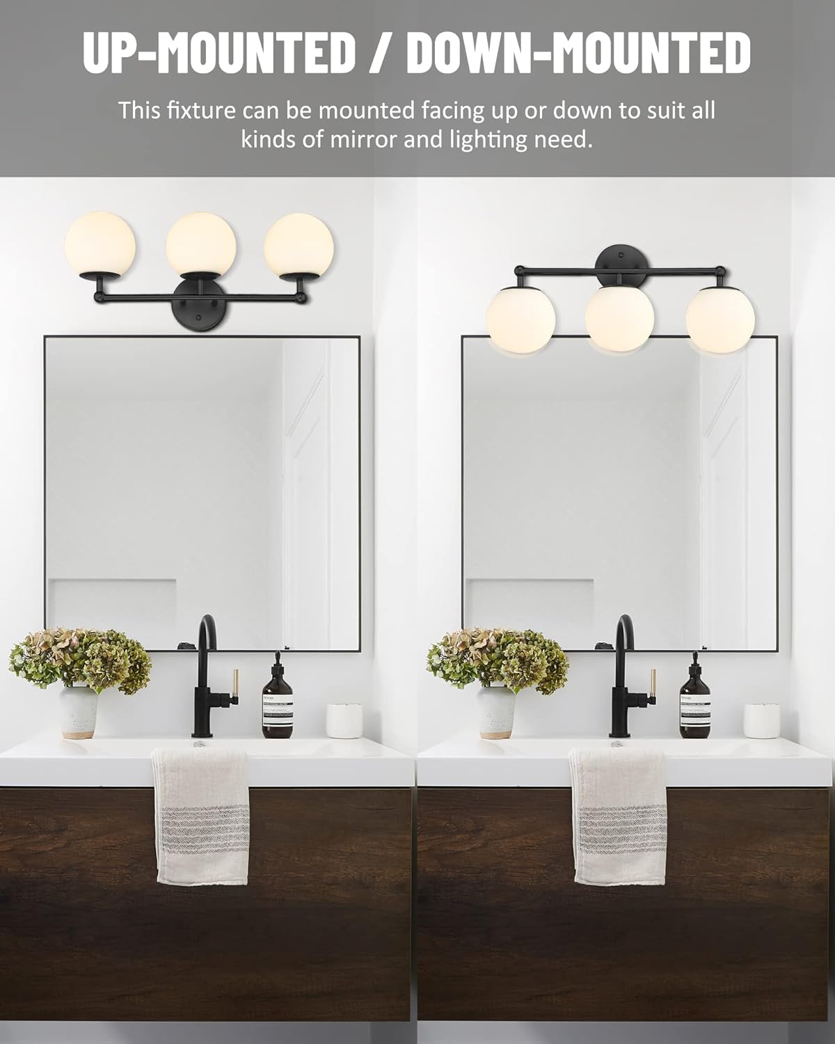 Black Vanity Lights for Bathroom, Farmhouse Bathroom Light Fixtures 3-Light Over Mirror with Milky Glass Globe Shade, KW-7307-3