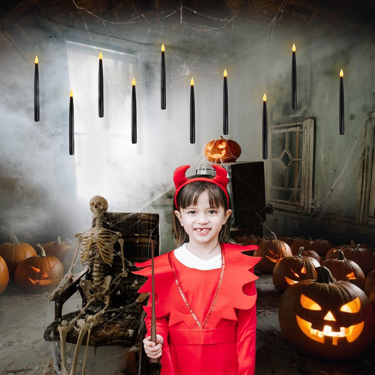 Leejec 10 Pcs of 10.8" Floating Candles, Magic Wand Remote with 6/18H Timer, Halloween Decorations, Hanging Flameless Taper Candles, Flickering Warm White LED, Home Decor, Witch Wizard Gift (Black)