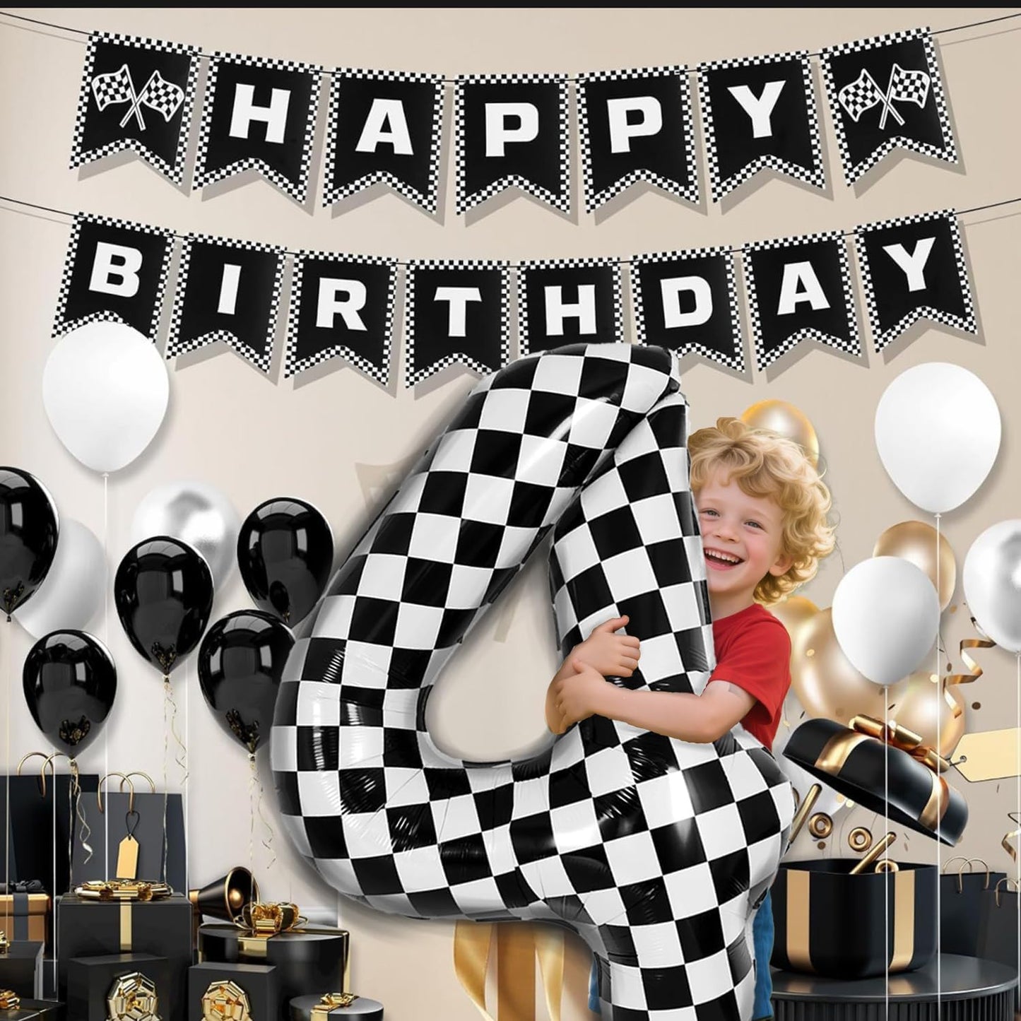 40 Inch Checkered Number Balloon - Race Flag Pattern Big Helium Balloon for Birthday Party Decorations - Black & White Balloon for Kids Adults Party Supplies (Racing Car, Number 4)