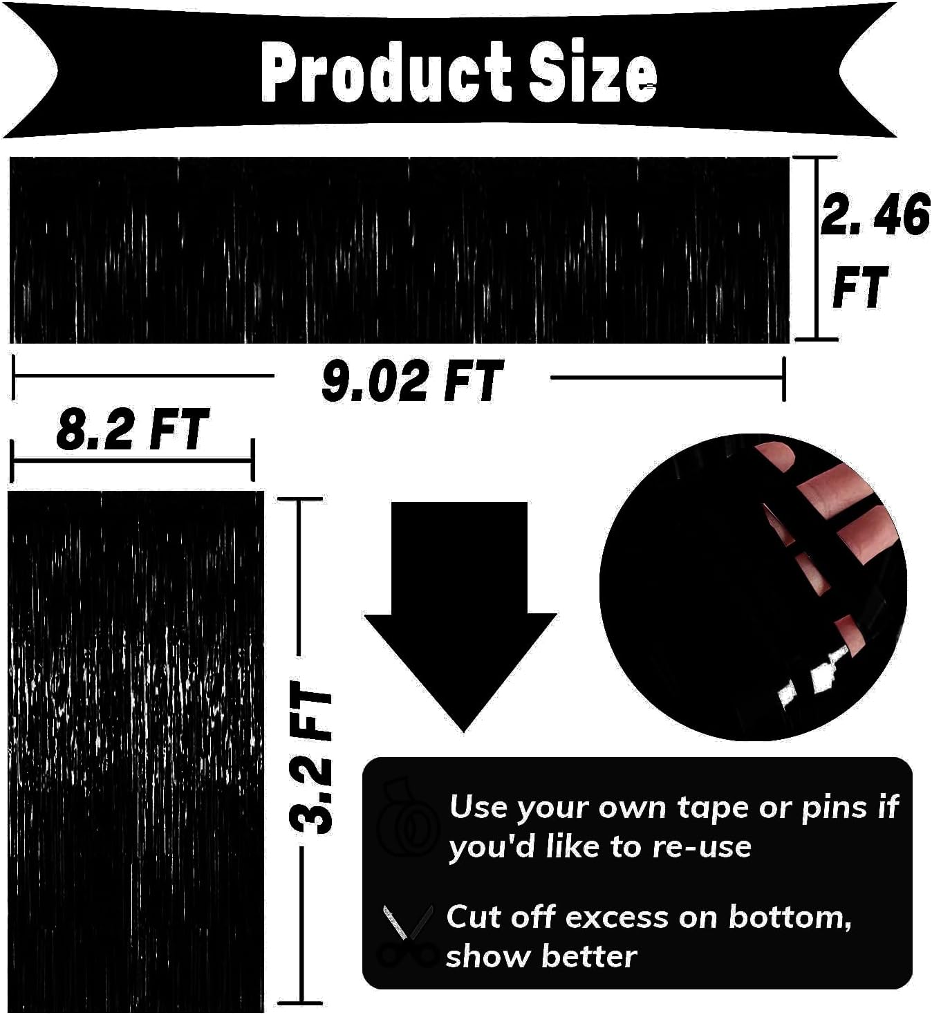 4P Metallic Foil Fringe Tinsel Table Skirts for Rectangle Tables Backdrop Banner Tinsel Streamer Garland Curtains for Parade Floats Wedding Graduation Anniversary Birthday Parties Decoration (Black)