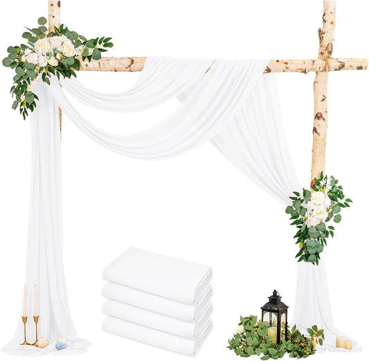 4 Panels White Polyester Wedding Arch Draping Fabric, 28x20 feet Each, Sheer Chiffon Curtain Arbor Drapery Ceiling Drapes for Party Decor