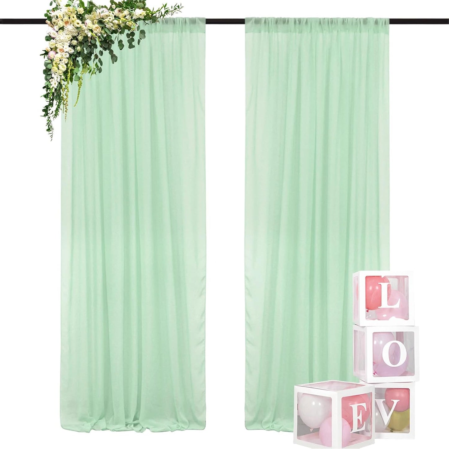 DUOBAO Chiffon Backdrop Curtains 2 Panels Photography Backdrops Drape 5ft x 8ft Voile Curtain Sage Green Collapsible Seamless Sheer Drapes for Women Party Baby Shower Birthday Photo Shoot Decorations