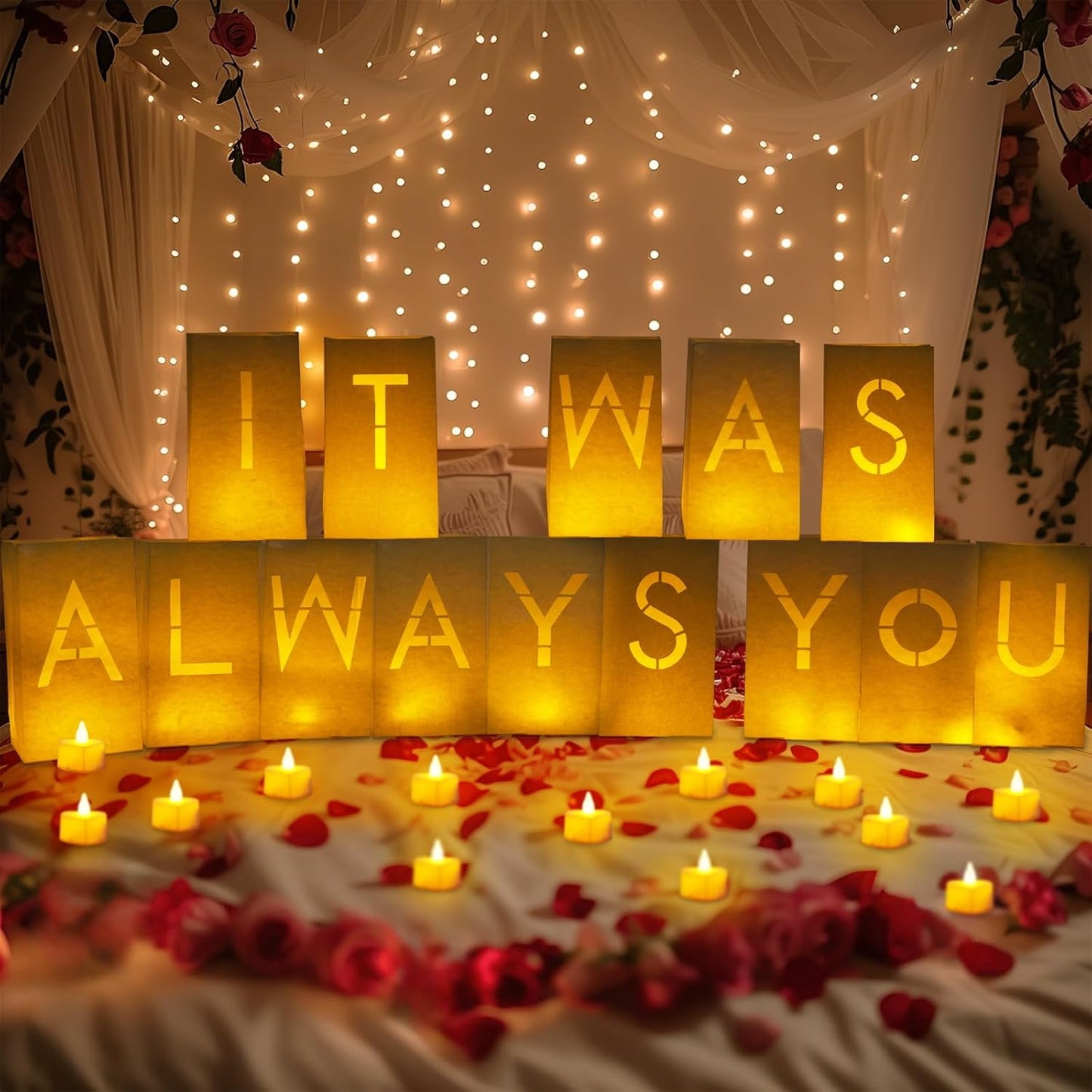 Homemory It was Always You Light Up Letters with Flameless Candles and Fake Rose Petals, Valentine's Day Luminary Bags Romantic Decorations Special Night for Proposal Wedding Anniversary