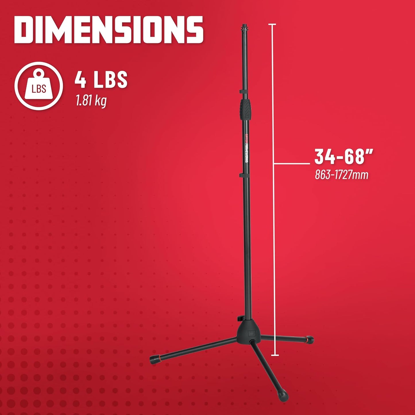 Gator Frameworks Standard Tripod Microphone Stand with Adjustable Height and Both 3/8" and 5/8" Adapters (GFW-MIC-2000)