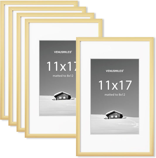 11x17 inch Picture Frame, 11x17 Photo Frames with 8x12 Removable Mat - High Definition Plexiglass - Vertical and Horizontal Display - Wall Hanging Frame - Gold, 5 Pack