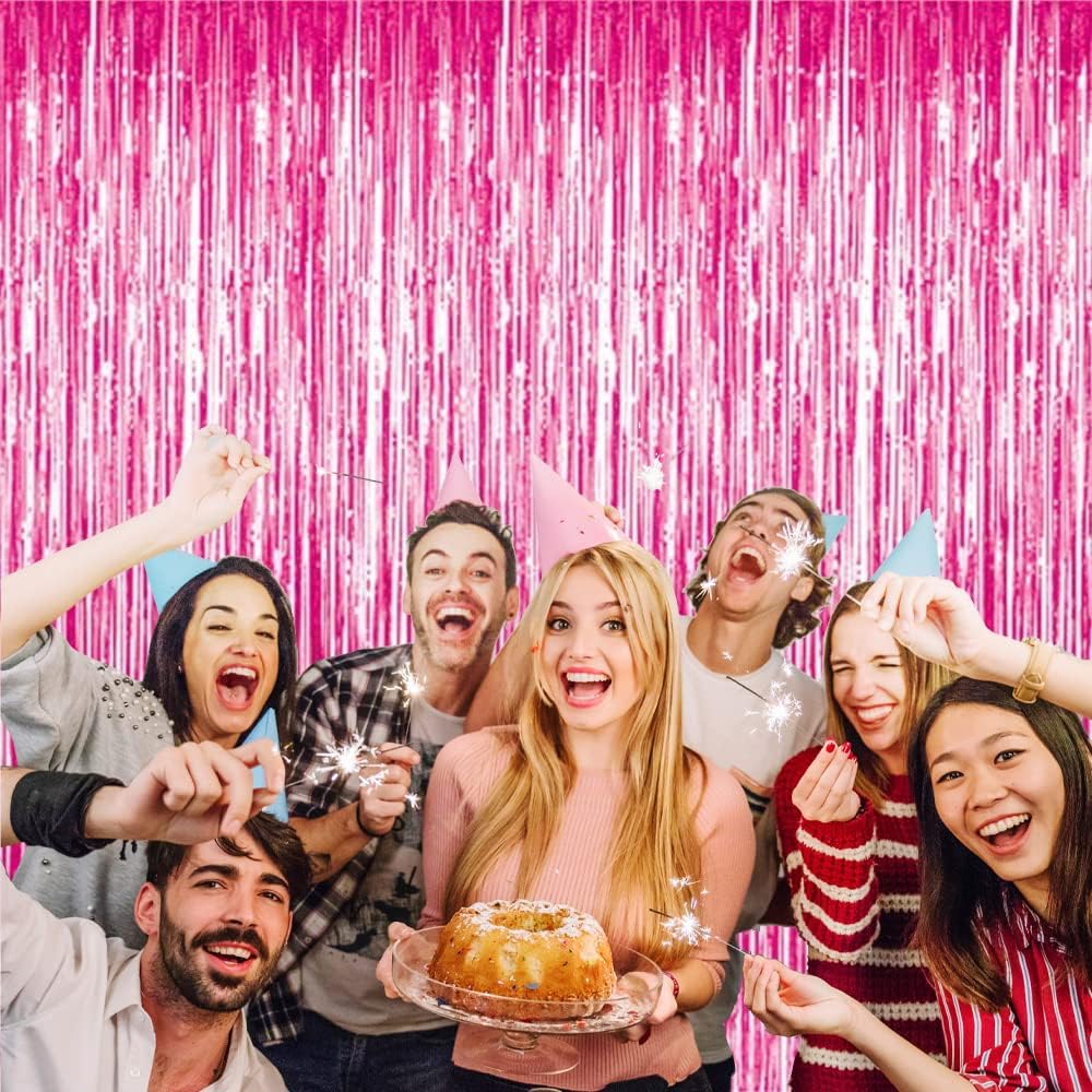 GOER 6.4 ft x 8.2 ft Metallic Tinsel Foil Fringe Curtains,Pack of 2 Party Streamer Backdrop for Galentines Day,Birthday,Graduation Decorations and New Year Eve (Hot Pink)