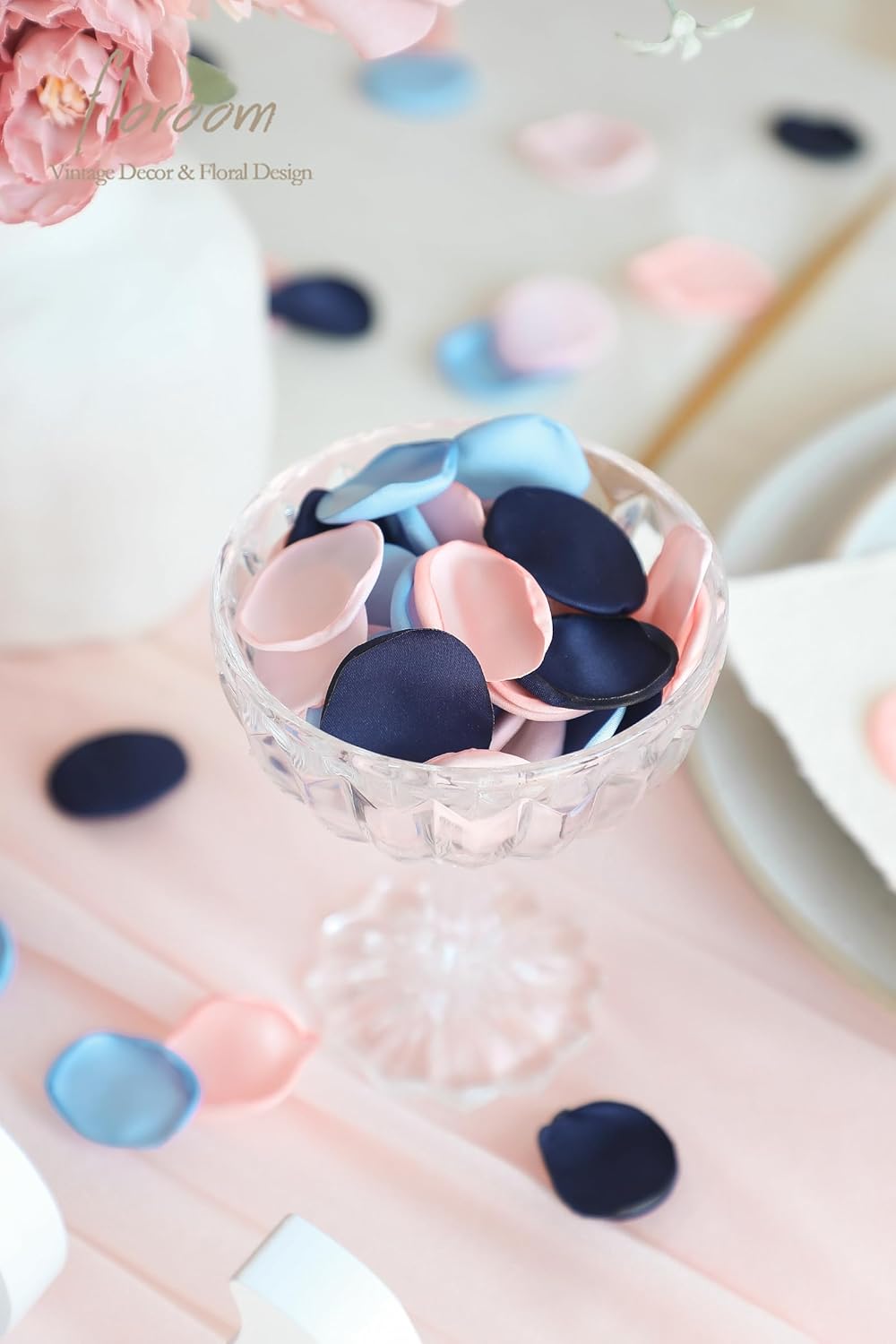Floroom 300pcs Rose Petals Navy Blue Blush Faux Silk Flower Petals for Wedding Flower Girl Basket Aisle Scatter Dinner Table Centerpieces Party Confetti Bridal Shower Romantic Night Decoration