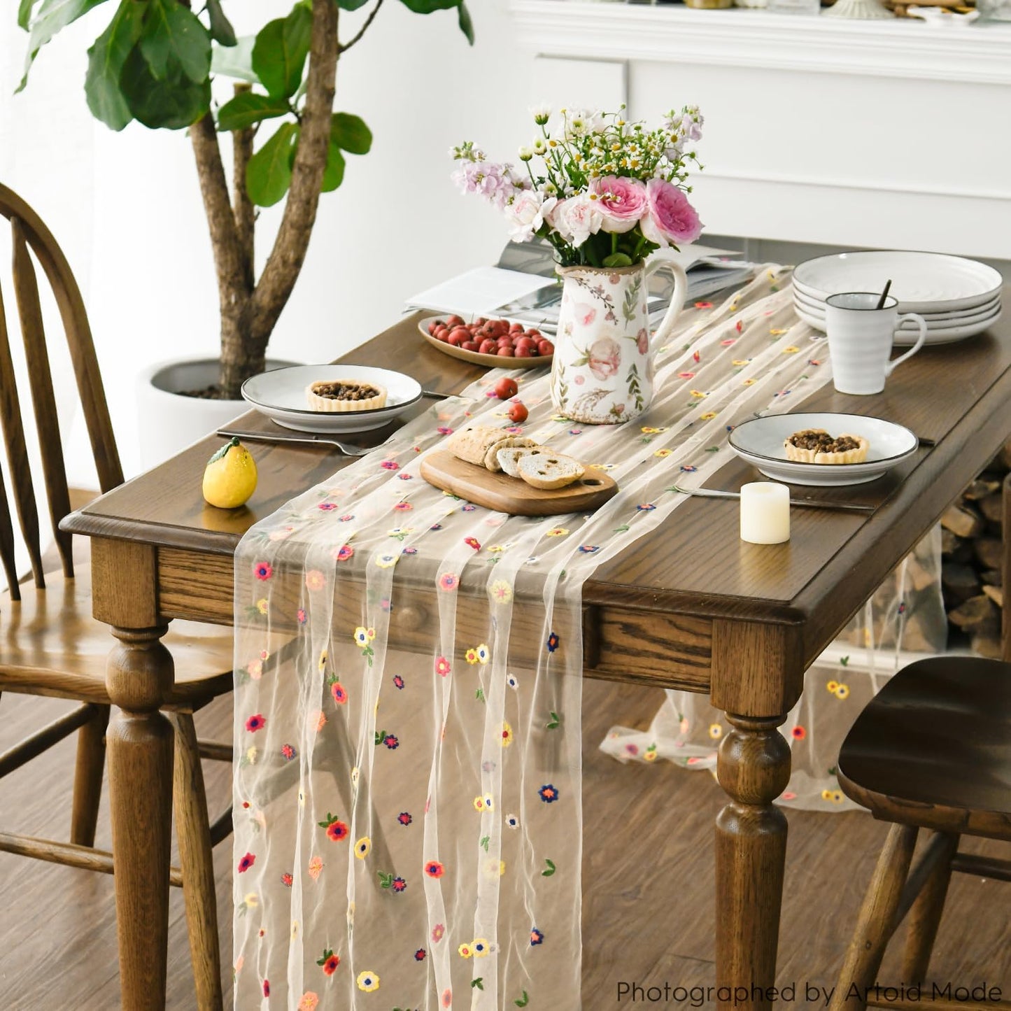 Artoid Mode 6PCS Champagne Embroidery Daisy Gauze Table Runner 120 Inch 10FT, Seasonal Sheer Kitchen Dining Holiday Wedding Birthday Table Decor for Home Party